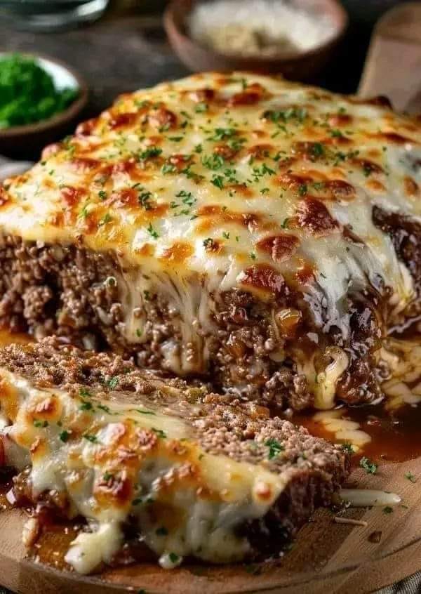 Crockpot French Onion Meatloaf with Melted Swiss Cheese