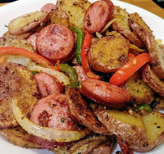 Fried Potatoes Onions and Peppers with Smoked Sausage