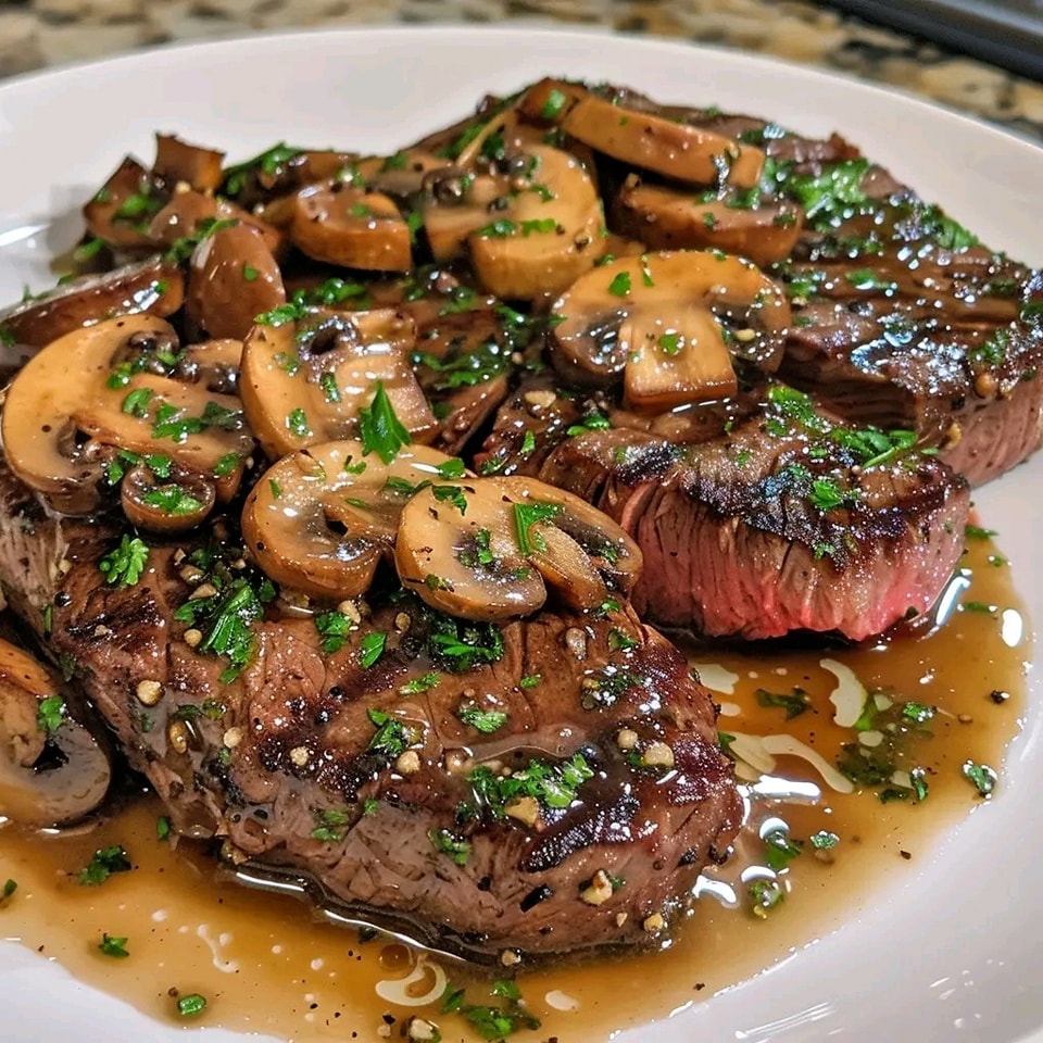 Succulent Beef Steak with Rich and Creamy Garlic Mushrooms